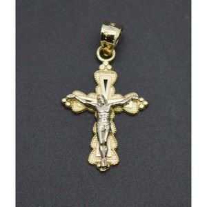 Real 10K Solid Yellow White Gold Two-Tone Charm Jesus Crucifix Pendant